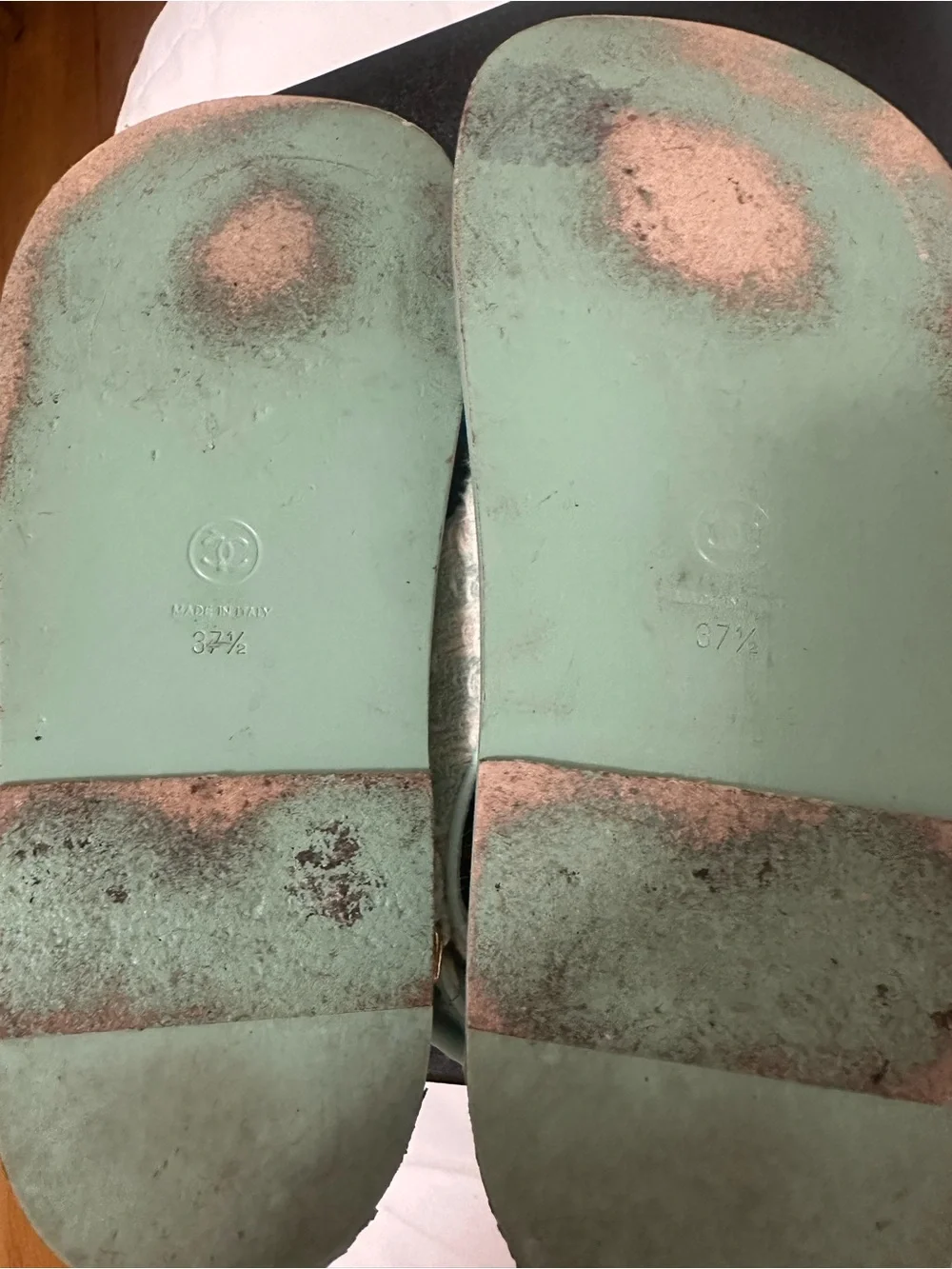 CHANEL Mint Green Tweed Slide Sandals with Gold CC Medallions